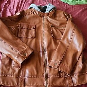 Brown leather varsity jacket w/grey hood